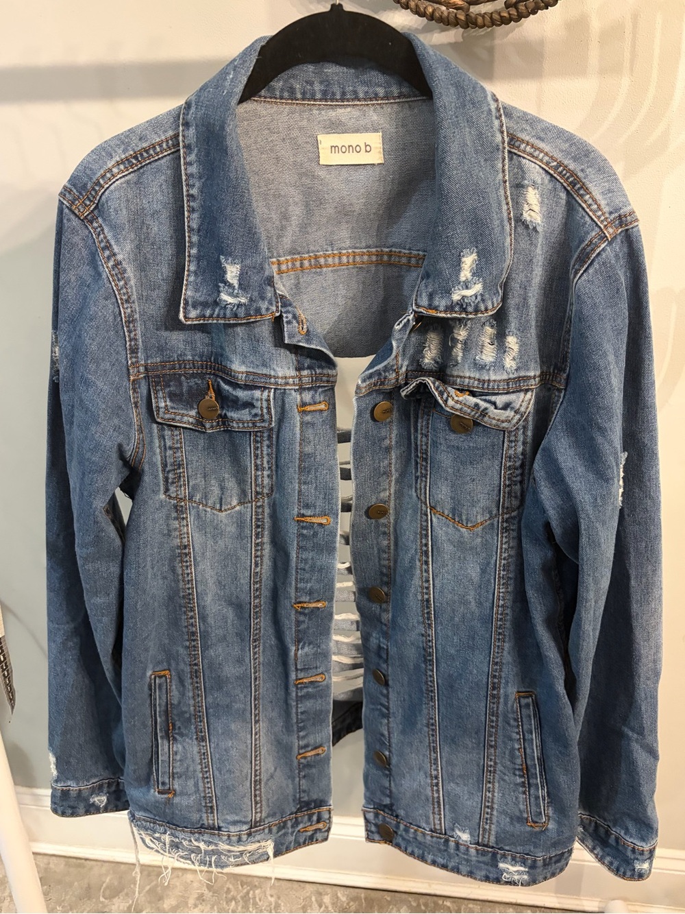 Mono B Light Distressed Blue Denim Jacket size medium